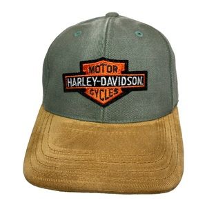 Harley-Davidson Motorcycles Patch Hat Green Canvas/Tan Faux Suede StrapBack Cap
